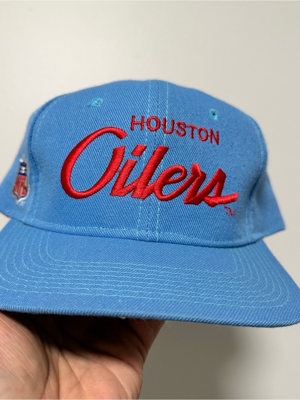 Houston Oilers Light Blue Snapback Hat with Red Script Logo
